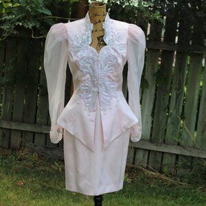 Vtg 80s Karen Okada David Howard Pink Satin Sequin Pearl Skirt Suit Women's S